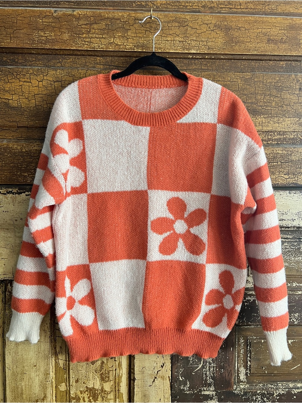 Retro Flower Checkerboard Sweater | Knit Pullover | Oversized Sweater Size M